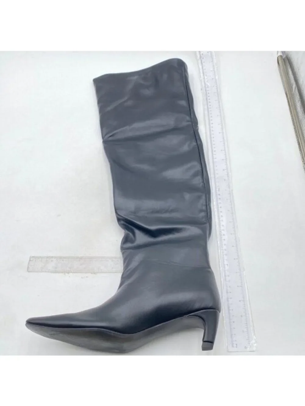 Black Women's Stylish Square Toe Slip On Kitten Heel Over The Knee High Boots